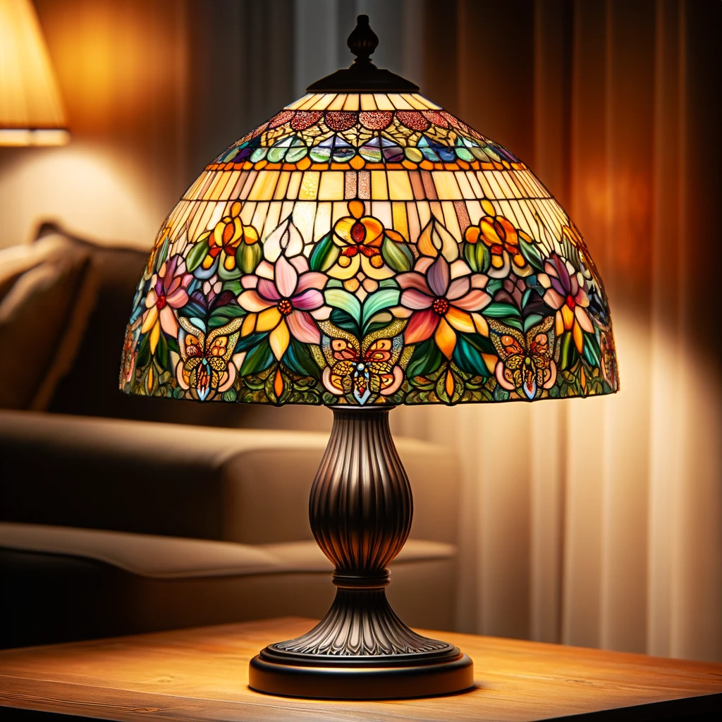 DALL·E 2024 02 03 12.16.39 Create an image of a Tiffany lamp with a stained glass lampshade featuring intricate floral patterns in vibrant colors. The lamp is placed on a wooden