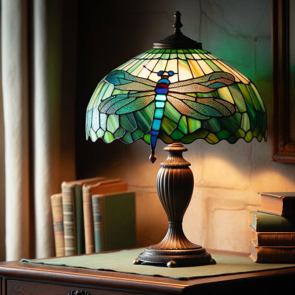 DALL·E 2024 02 03 12.18.21 Create an image of a Tiffany lamp with a dragonfly themed stained glass lampshade. The lampshade features vibrant hues of green and blue while the ba